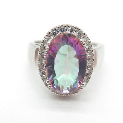 925 Sterling Silver Real Oval-Cut Mystic Quartz & Round-Cut C Z Ring Size 4.75