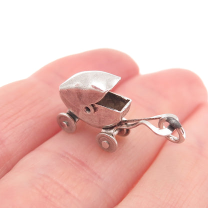 925 Sterling Antique Art Deco Mexico Baby Stroller Movable 3D Mini Charm Pendant