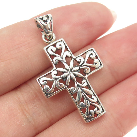 925 Sterling Silver Vintage Floral Heart Cross Pendant