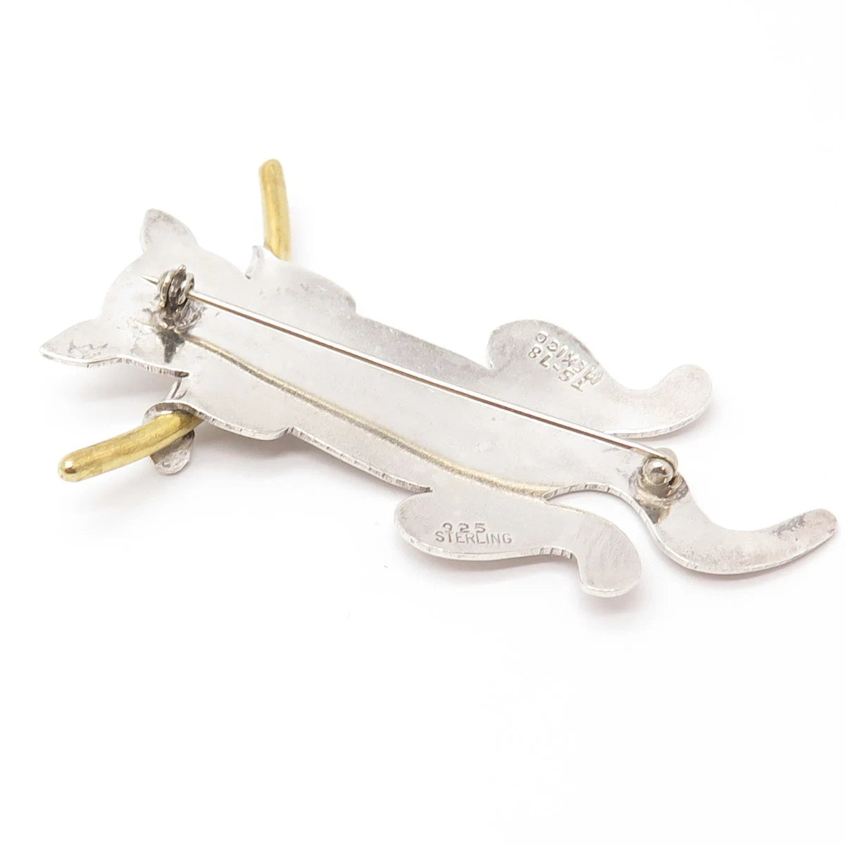 925 Sterling Silver 2-Tone Vintage Mexico Cat Hanging On a Branch Pin Brooch