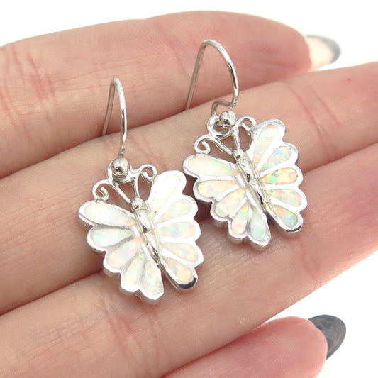 925 Sterling Silver Real Opal Butterfly Dangling Earrings