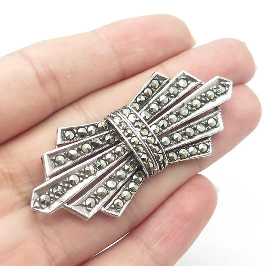 925 Sterling Silver Vintage Real Marcasite Gemstone Bow Pin Brooch