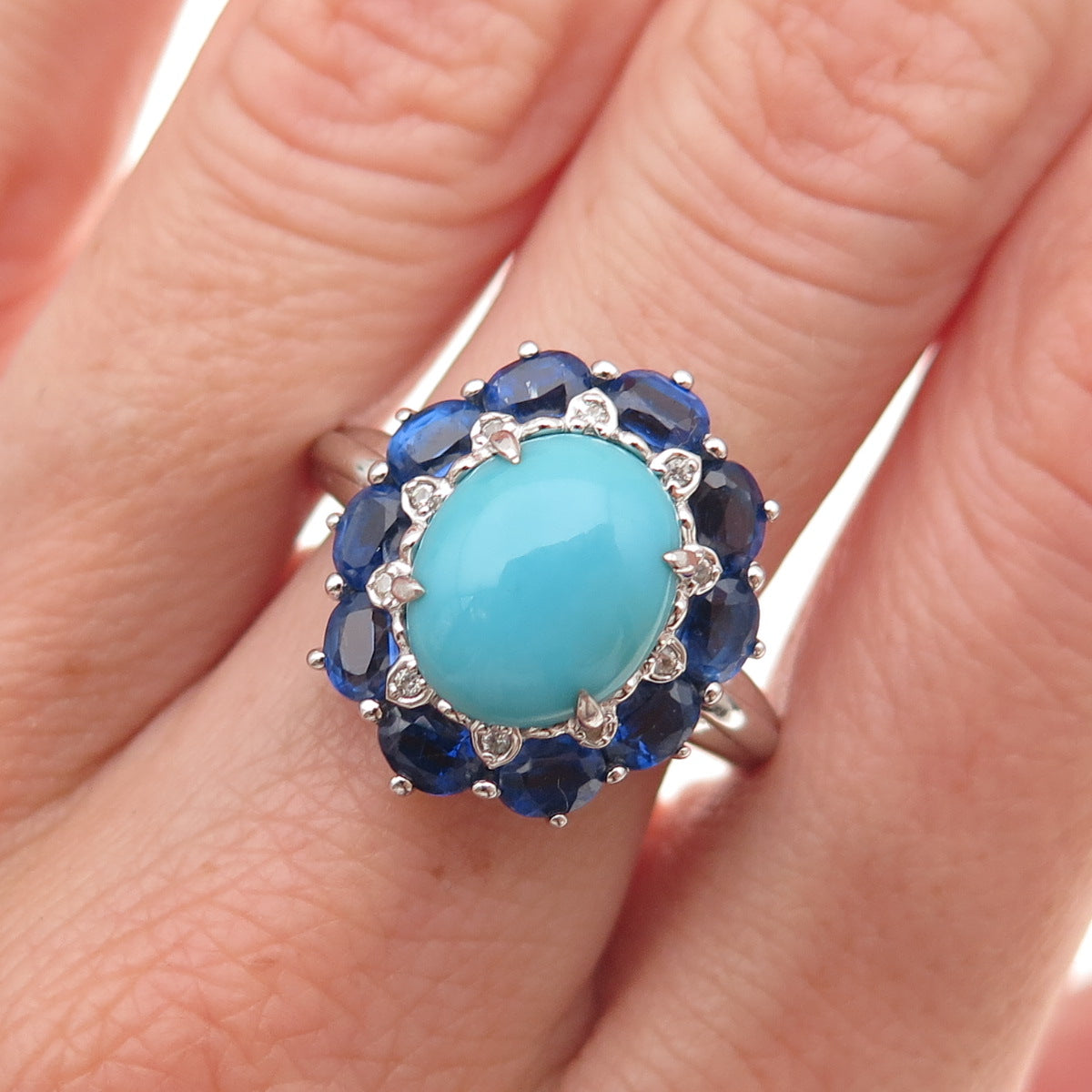 925 Sterling Silver Real Diamond Turquoise & Sapphire Ring Size 8.25