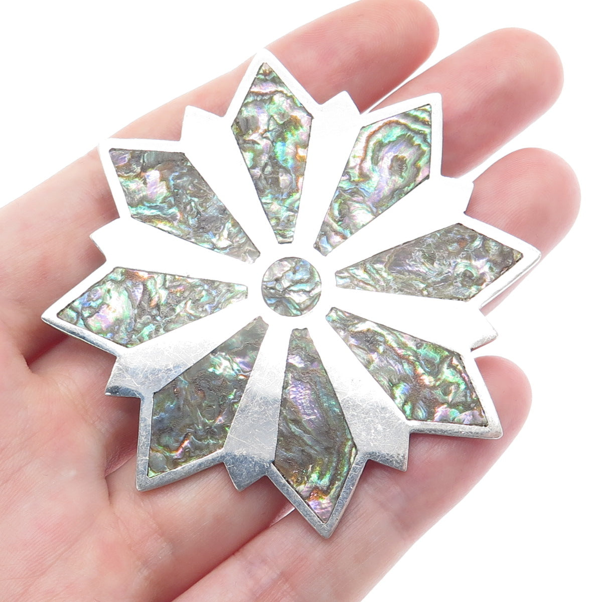 925 Sterling Silver Vintage Real Abalone Shell Flower Pin Brooch / Pendant