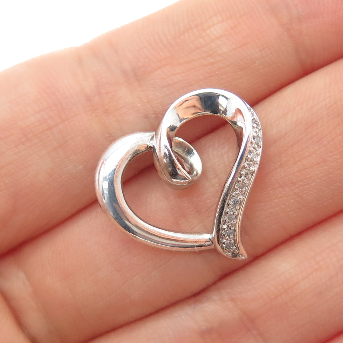 925 Sterling Silver Real Round-Cut Diamond Heart Mini Slide Charm Pendant