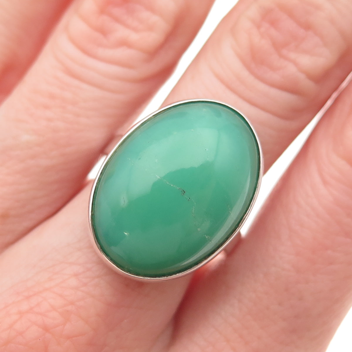 925 Sterling Silver Vintage Real Cabochon Chrysoprase Ring Size 8