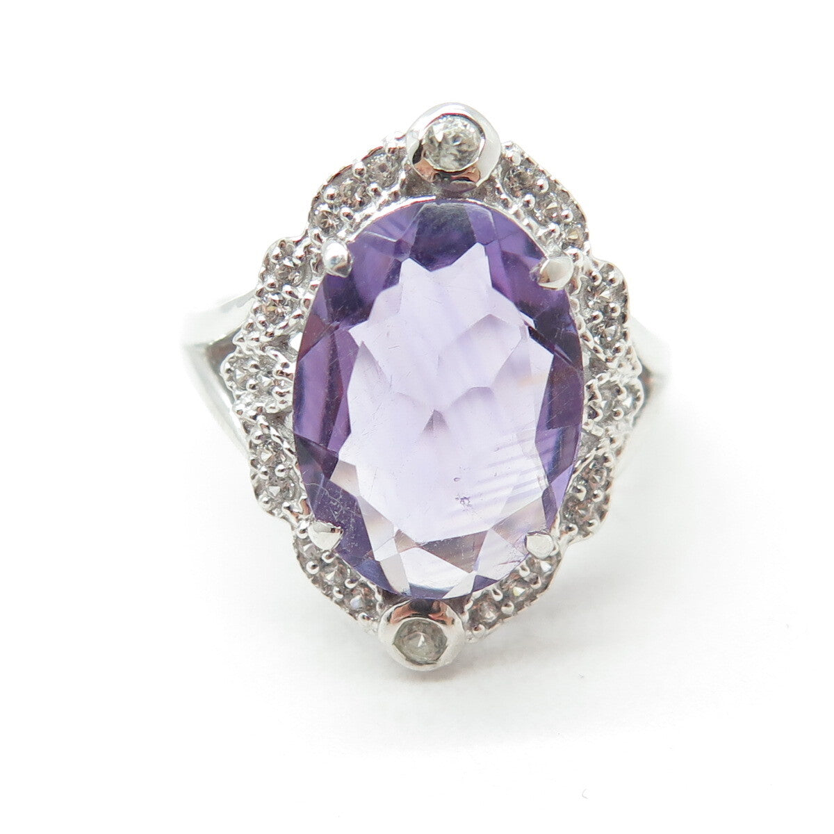DSMK 925 Sterling Silver Oval-Cut Amethyst & White Topaz Gem Ring Size 6.25