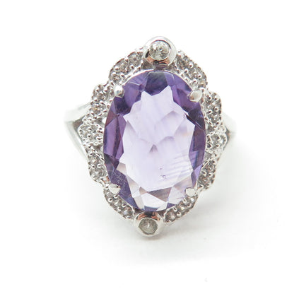 DSMK 925 Sterling Silver Oval-Cut Amethyst & White Topaz Gem Ring Size 6.25