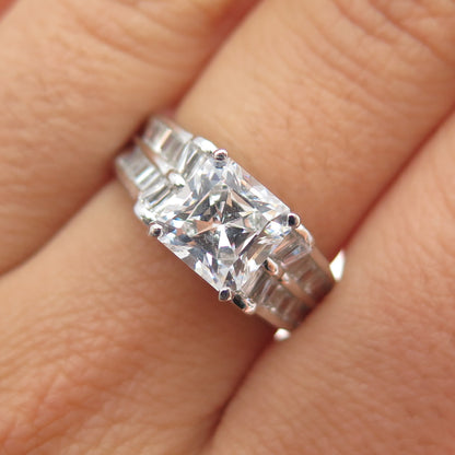 MEDA 925 Sterling Princess & Tapered Baguette-Cut C Z Engagement Ring Size 6.75
