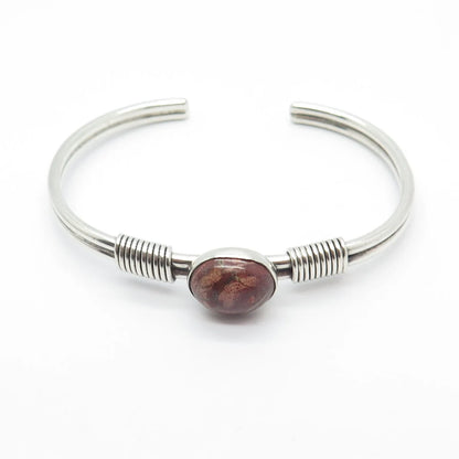 925 Sterling Silver Vintage Picture Jasper Gem Adjustable Cuff Bracelet 5.5"