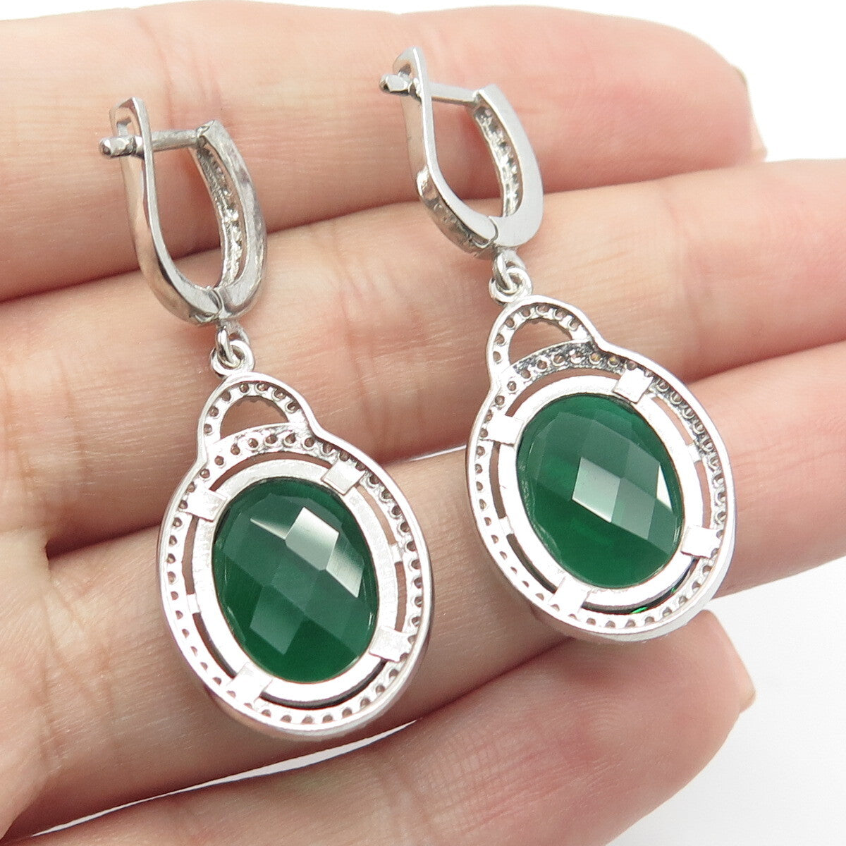 925 Sterling Silver White & Green C Z Dangling Earrings