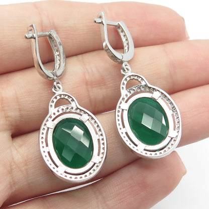 925 Sterling Silver White & Green C Z Dangling Earrings