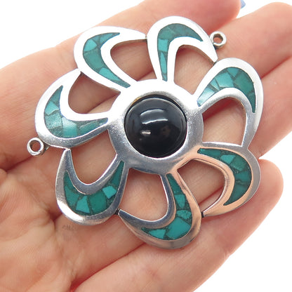 925 Sterling Vintage Mexico Real Onyx Turquoise Inlay Flower Centerpiece Pendant
