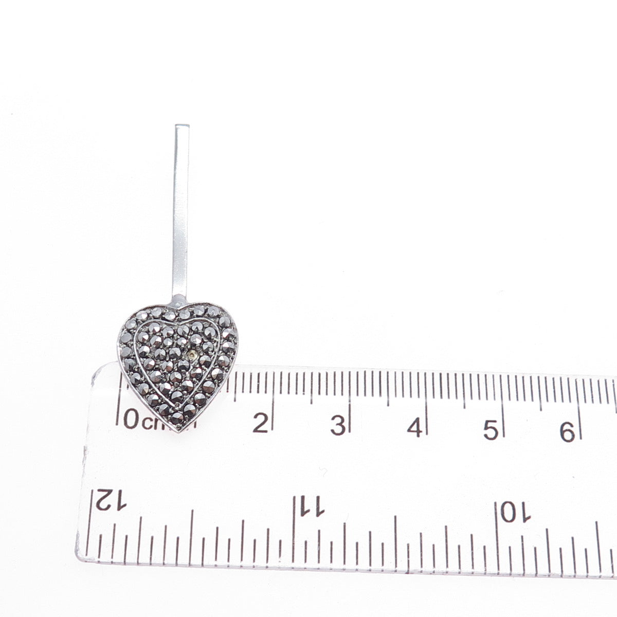 925 Sterling Silver Antique Real Marcasite Heart Drop Pendant (missing 1 stone)