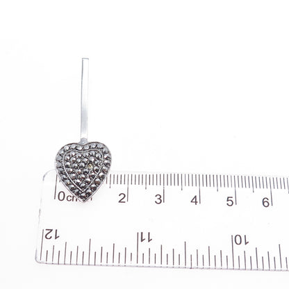 925 Sterling Silver Antique Real Marcasite Heart Drop Pendant (missing 1 stone)