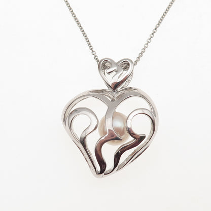 925 Sterling Silver Real Pearl Ornate Heart Cable Chain Necklace 18"