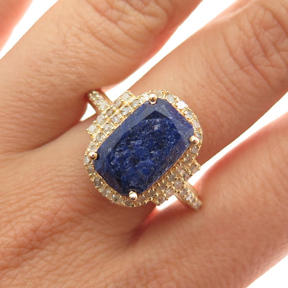 DSMK 925 Sterling Silver Gold Plated Real Diamond & Sapphire Ring Size 9.25