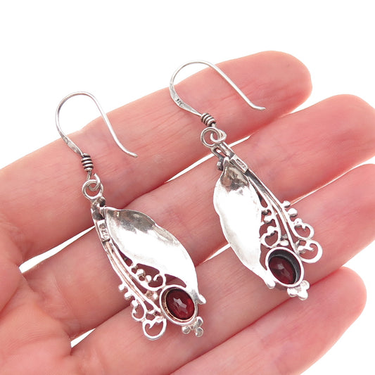 925 Sterling Silver Vintage Real Red Garnet Floral Oxidized Dangle Earrings