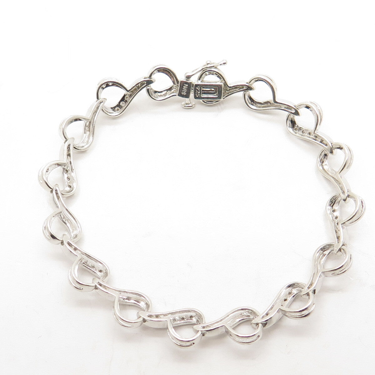 SUN 925 Sterling Silver Real Round-Cut Diamond Heart Link Bracelet 7.25"