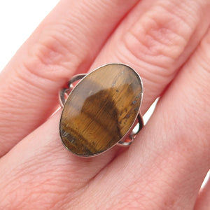 925 Sterling Silver Vintage Mexico Real Tiger Eye Oxidized Ring Size 6
