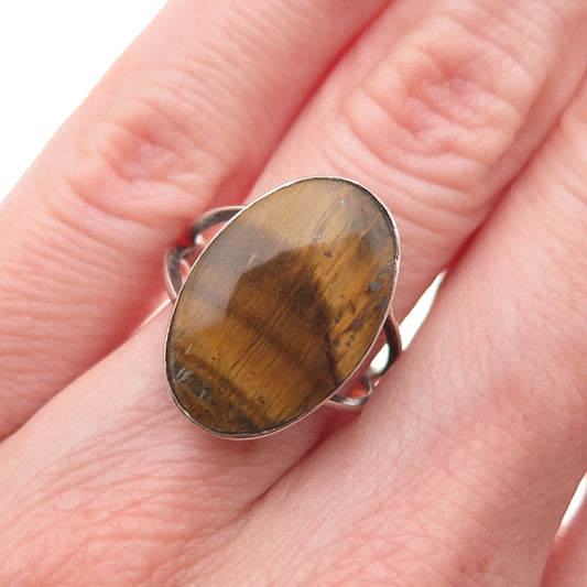 925 Sterling Silver Vintage Mexico Real Tiger Eye Oxidized Ring Size 6