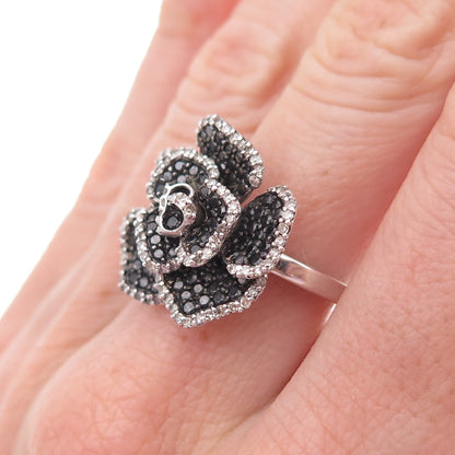 925 Sterling Silver Real Black & White Diamond Rose Floral Ring Size 7