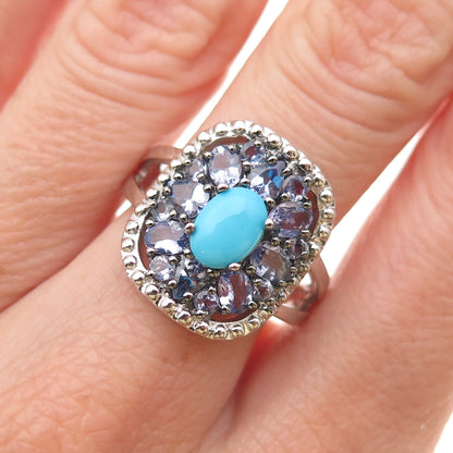 925 Sterling Silver Real Turquoise & Tanzanite Floral Ring Size 7.25