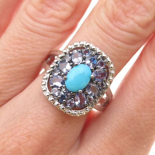 925 Sterling Silver Real Turquoise & Tanzanite Floral Ring Size 7.25