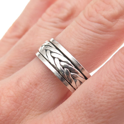 925 Sterling Silver Vintage Braided Oxidized Rotating Band Ring Size 12.75