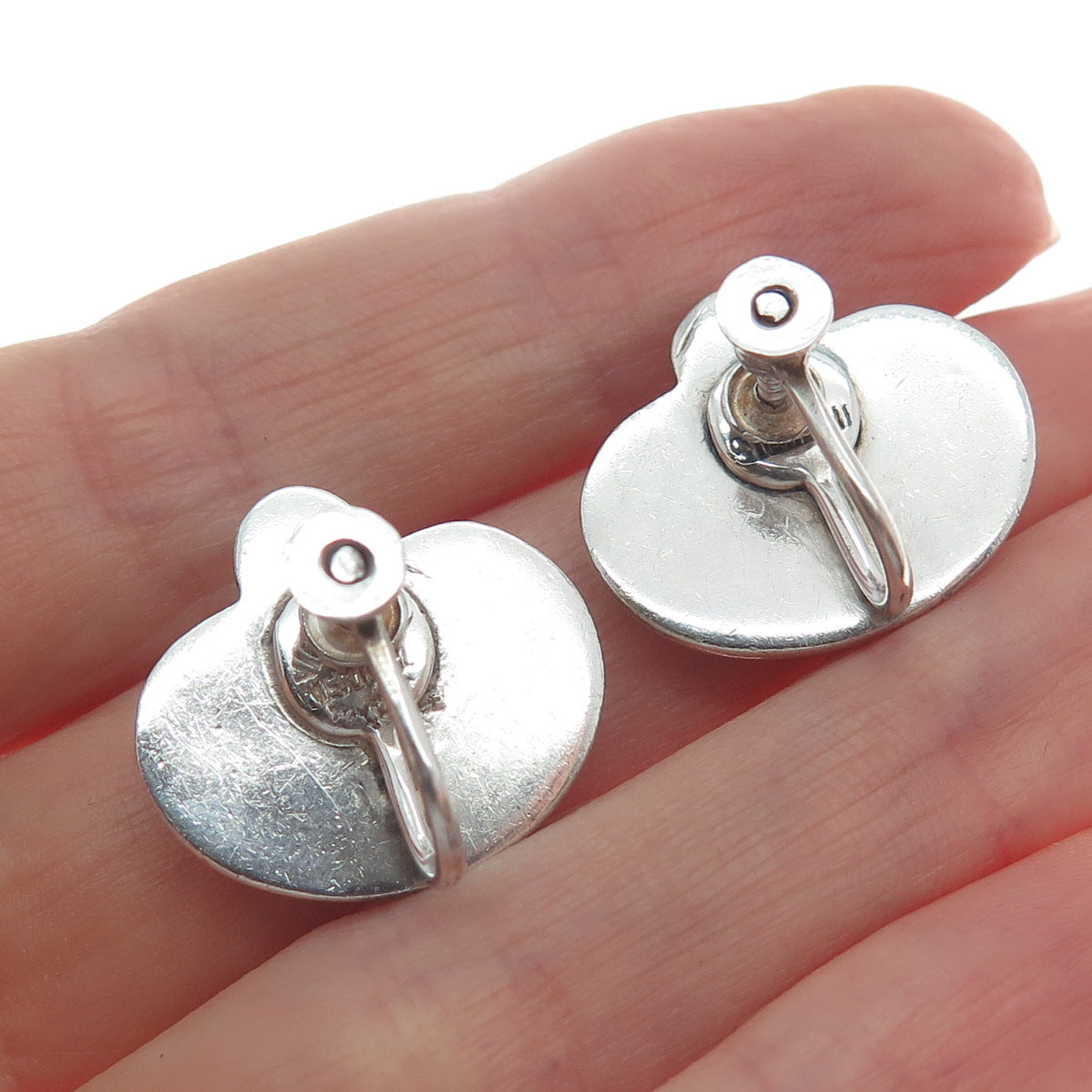 VICTORIA BRILLANTI Sterling Silver Vintage Mexico Heart Screw Back Earrings #53