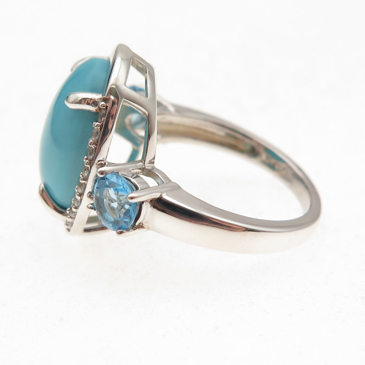 925 Sterling Real Sleeping Beauty Turquoise Blue & White Topaz Ring Size 8.25