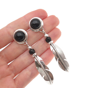 Old Pawn 925 Sterling Silver Vintage Black Onyx Feather Tribal Dangle Earrings