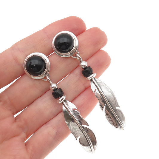 Old Pawn 925 Sterling Silver Vintage Black Onyx Feather Tribal Dangle Earrings