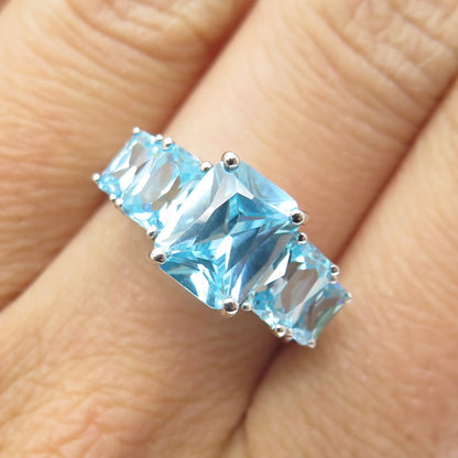 925 Sterling Silver Blue Radiant-Cut Shaped C Z 5-Stone Ring Size 7.25