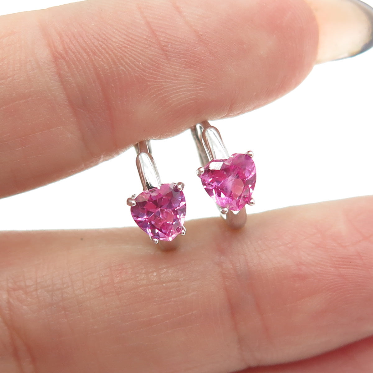 925 Sterling Silver Heart-Cut Pink C Z Hoop Earrings