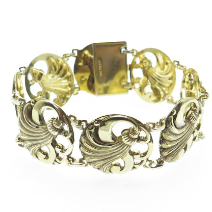 925 Sterling Silver Gold Plated Antique Art Deco Flower Panel Link Bracelet 7"