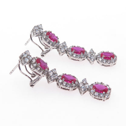 925 Sterling Silver Lab-Created Ruby & C Z Dangle Omega Back Earrings