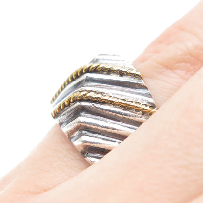925 Sterling Silver 2-Tone Vintage Mexico Modernist Oxidized Ring Size 6.75
