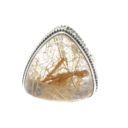 925 Sterling Silver Vintage Real Rutilated Quartz Spiral Oxidized Ring Size 9.75