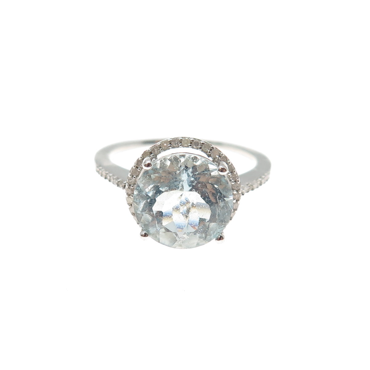 925 Sterling Silver Real Diamond Approx. 0.35ct & Aquamarine Gem Ring Size 7