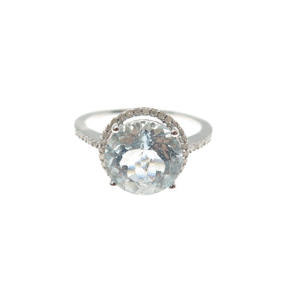 925 Sterling Silver Real Diamond Approx. 0.35ct & Aquamarine Gem Ring Size 7