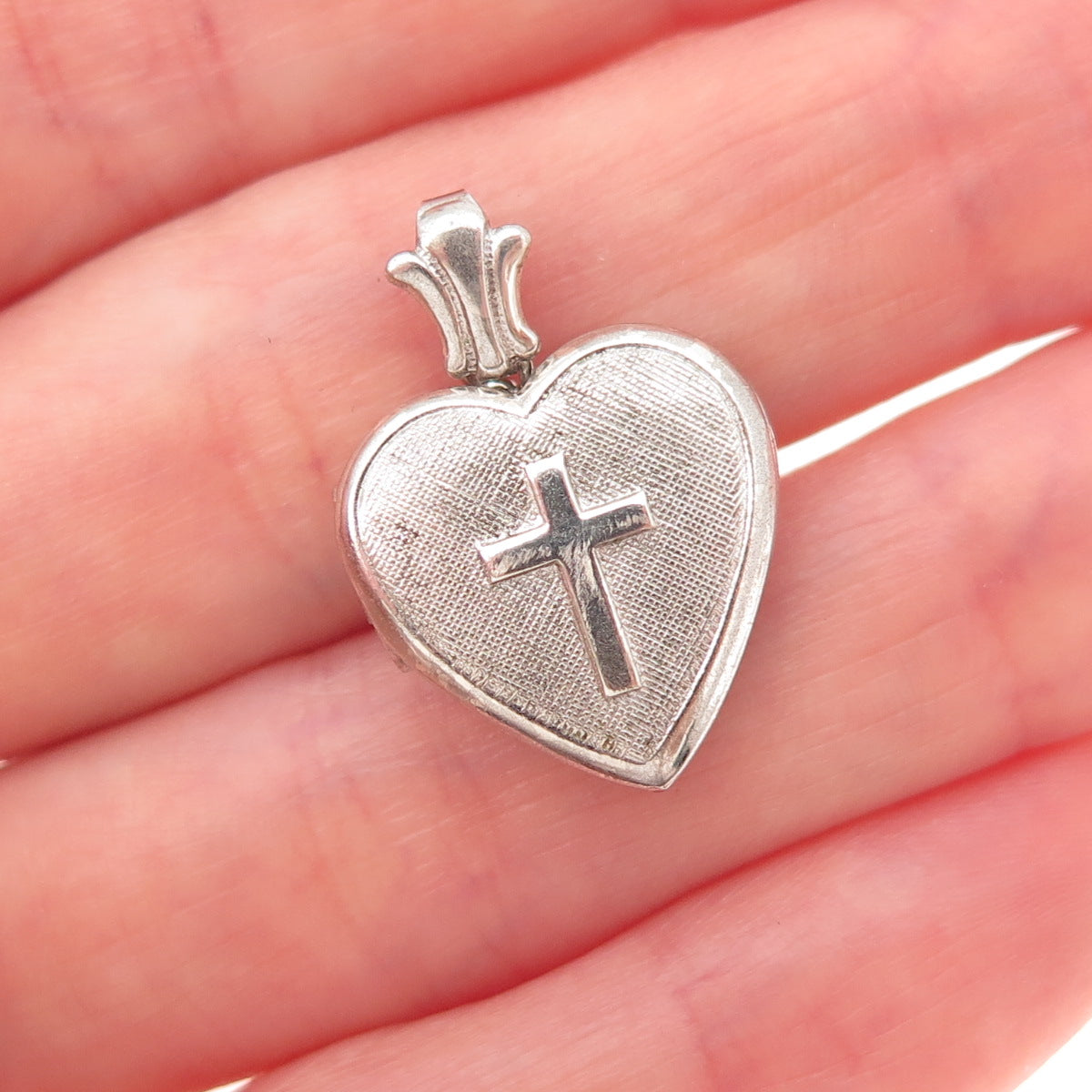 925 Sterling Silver Antique Art Deco Enamel Cross Heart Locket Charm Pendant