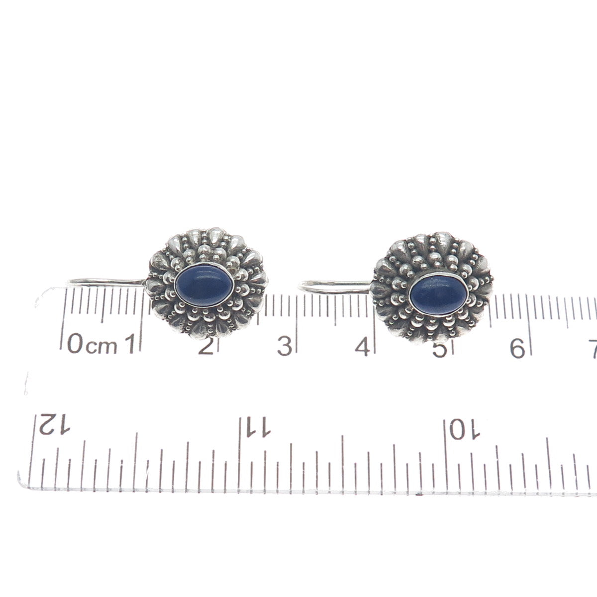 925 Sterling Silver Vintage Real Lapis Lazuli Beaded Floral Oxidized Earrings