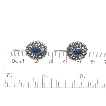 925 Sterling Silver Vintage Real Lapis Lazuli Beaded Floral Oxidized Earrings
