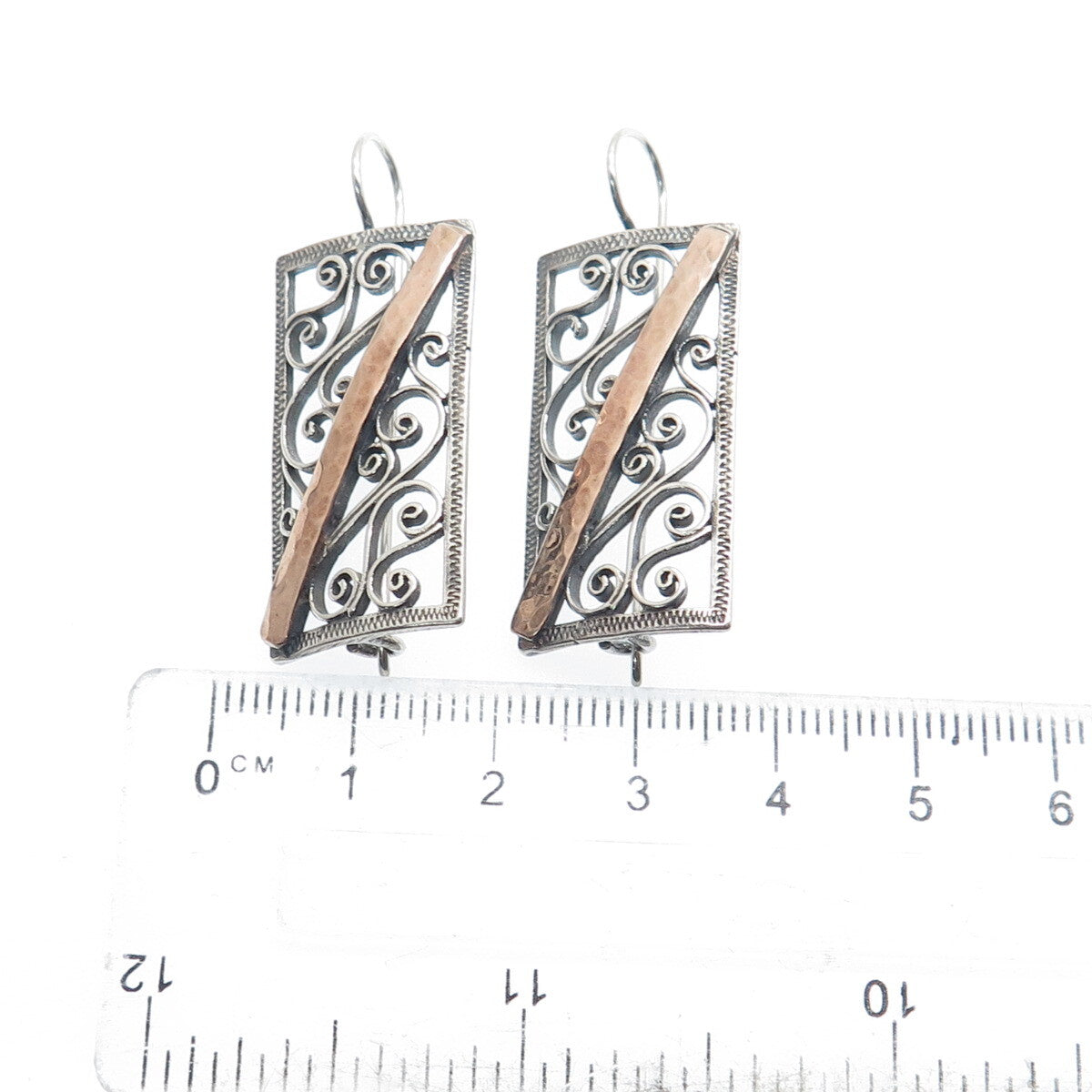 925 Sterling Silver 2-Tone Vintage Modernist Hammered Ornate Earrings