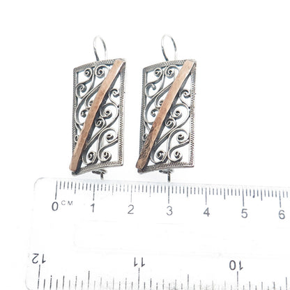 925 Sterling Silver 2-Tone Vintage Modernist Hammered Ornate Earrings