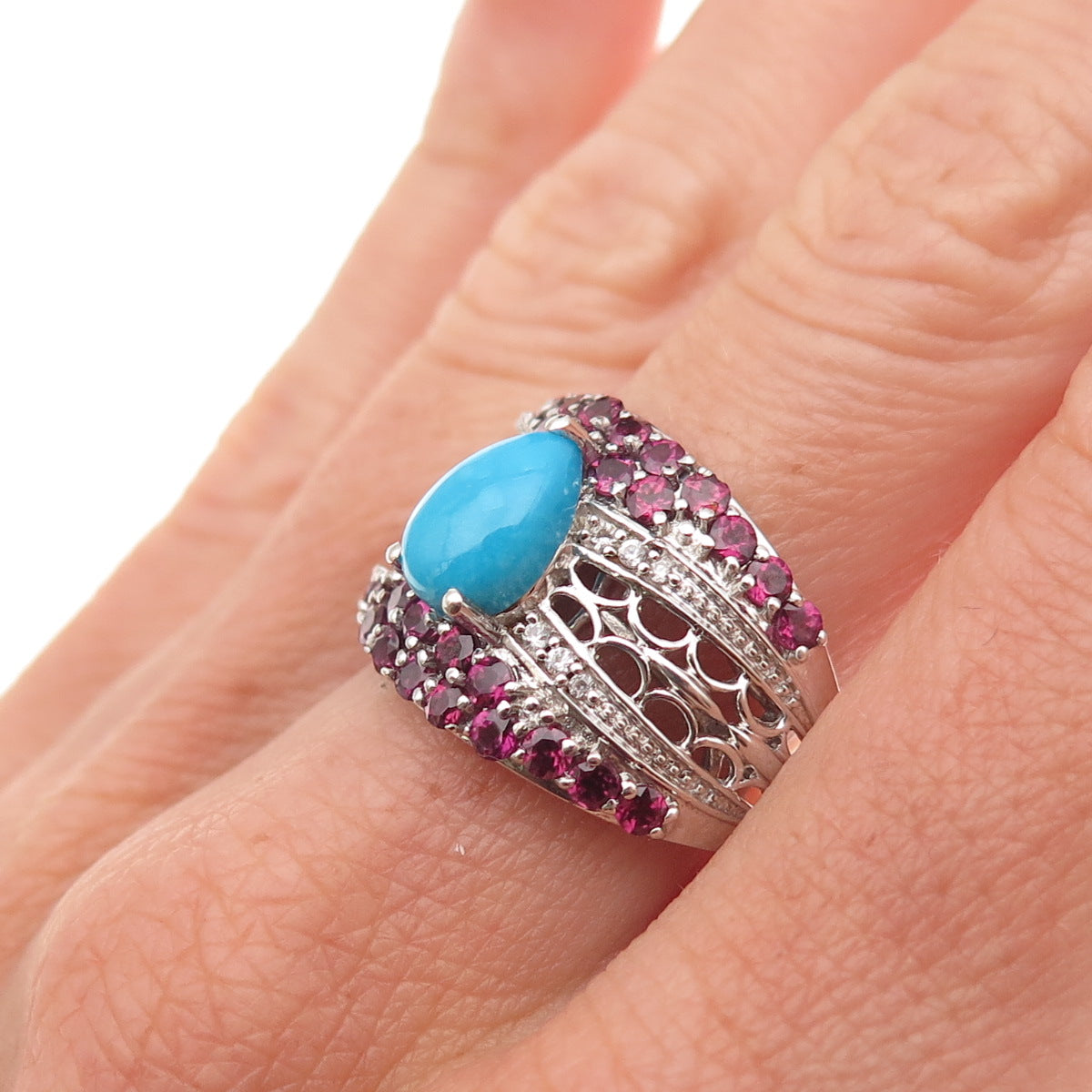Chuck Clemency 925 Sterling Silver Real Turquoise Amethyst Topaz Ring Size 8.25