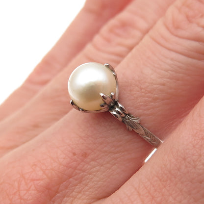 925 Sterling Silver Antique Art Deco Real Pearl Oxidized Ring Size 6.75