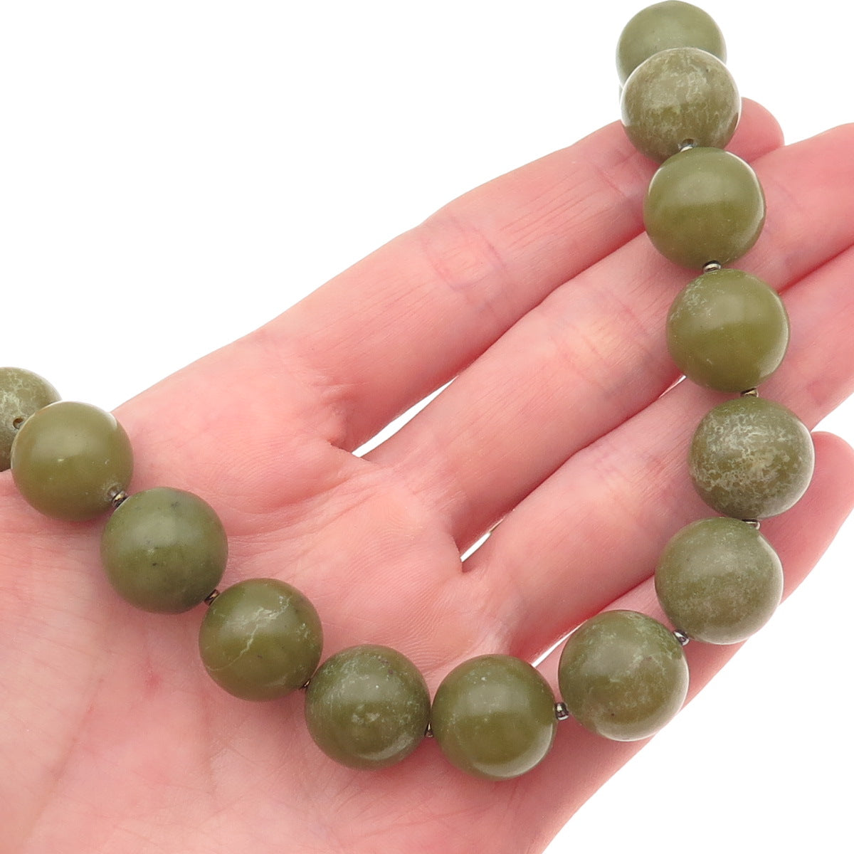 925 Sterling Silver Vintage Real Olive Green Jade Ball Beaded Necklace 16"