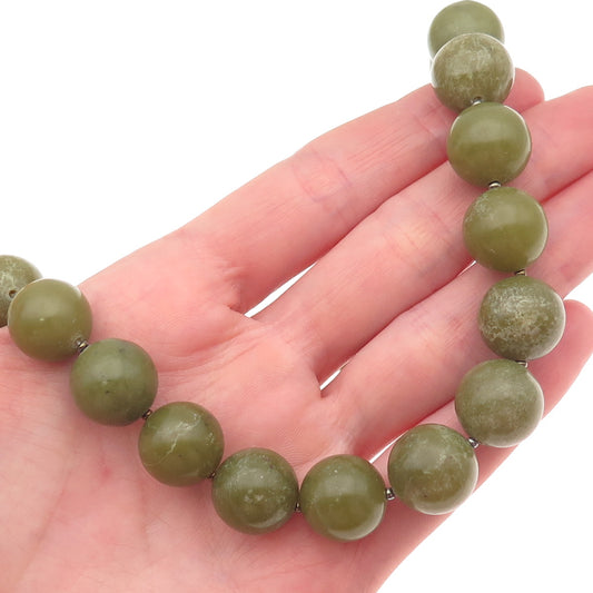925 Sterling Silver Vintage Real Olive Green Jade Ball Beaded Necklace 16"